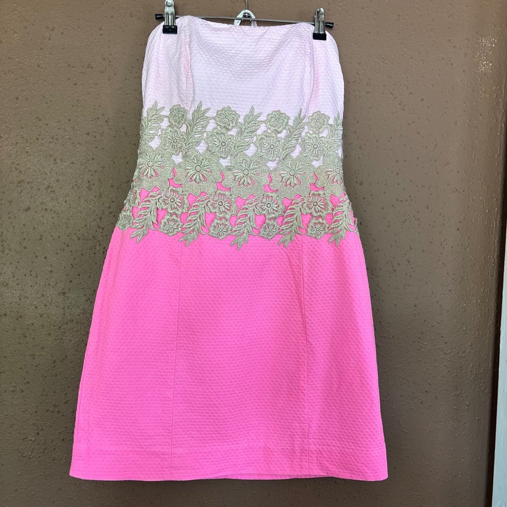 Lilly Pulitzer Pink Seersucker Strapless Lace Dress Gold Floral Applique Size 6